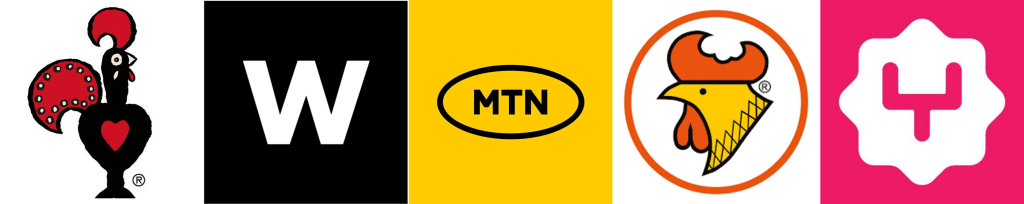 Logos for Nandos, Woolworths, MTN, Chicken Licken, and Yuppiechef