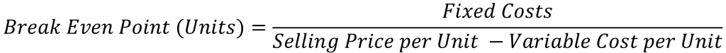 Break even point (units) = Fixed costs over Selling price per unit minus Variable cost per unit